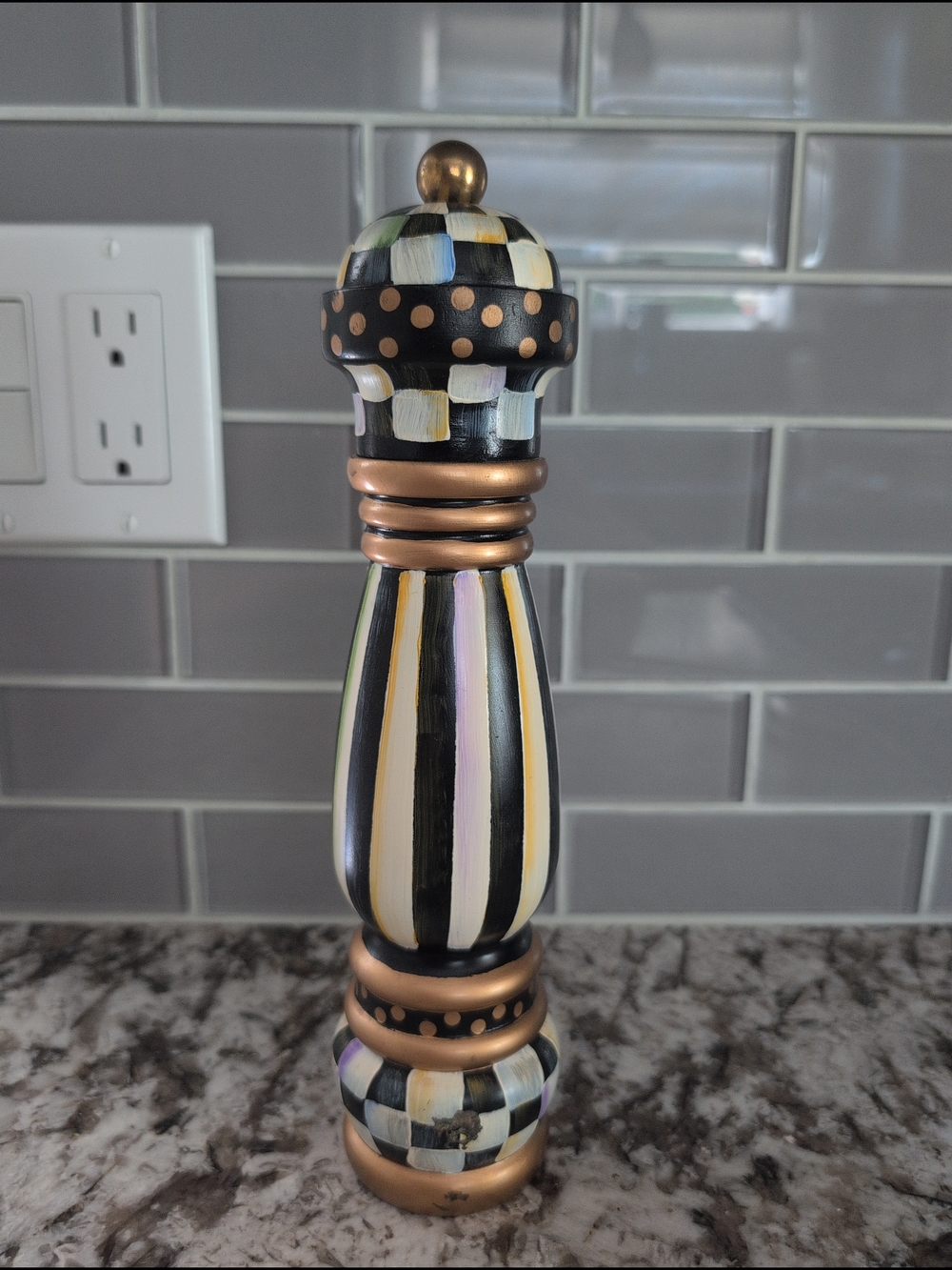 MacKenzie-Childs Hand-Painted Black, White, Gold Striped Pepper Mill